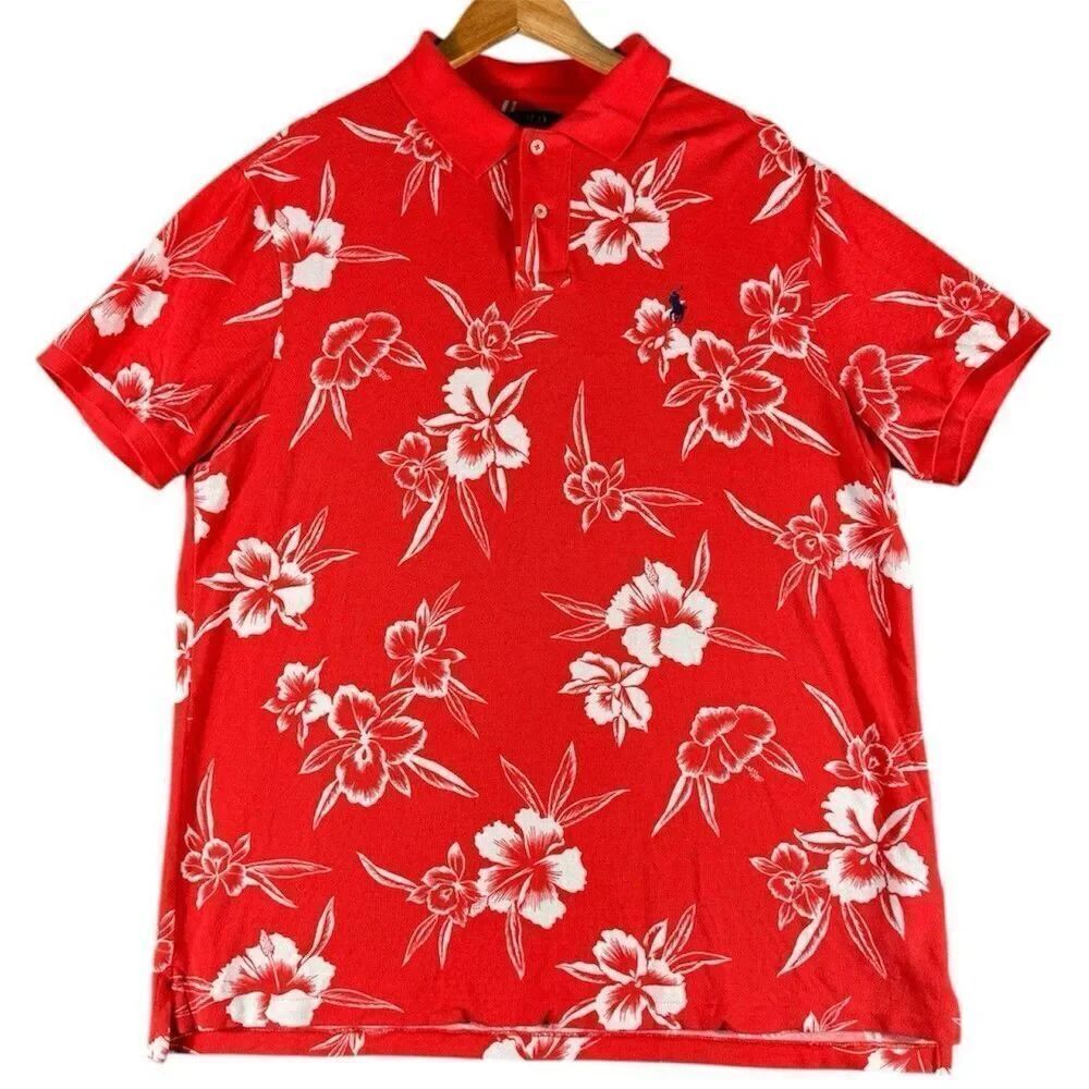 Polo Ralph Lauren Sz XL Mesh Custom Slim Fit French Floral Red White Polo Shirt
